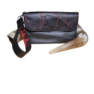 Handcrafted Genuine Leather Retro Black and Red Ladies wristlet/long wal…
